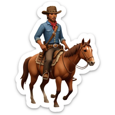 An icon representing an adventure game, inspired by Red Dead Redemption II. The design features a rugged cowboy riding a horse through a vast, open landscape with mountains, deserts, and wild animals. The atmosphere conveys exploration, action, and the thrill of the journey. Transparent background sticker