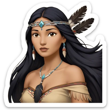 Cinematic Realistic Pocahontas Portrait, depicted with lifelike skin texture, soft natural lighting, and intricately detailed long, flowing raven-black hair that moves gracefully in the wind. Her deep, soulful dark brown eyes exude wisdom and strength, complemented by a serene yet powerful expression. She is dressed in her classic one-shoulder native american dress, with rich fabric textures and delicate beaded details that catch the light beautifully. The portrait features a soft, sun-kissed glow with a natural, radiant finish, capturing the essence of untamed beauty and deep connection to nature in a realistic and painterly style, evoking a sense of depth and authenticity. sticker