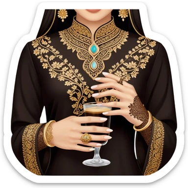A delicate hand adorned with intricate floral henna designs holds a traitional glass of Arabic coffee. The deep brown henna contrasts beautifully with the rich embroidery of the black outfit, which features shimmering floral patterns. A gold ring and dark nail polish add elegance to the aesthetic. sticker