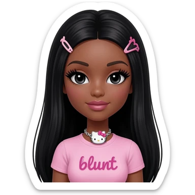 Long giant lashes, my melody hairclip, Doll faced shaped, hello kitty necklace, bimbo, black doll eyes, barbie, dark brown skin with black hair, light pink bimbo shirt says "blunt" , big breast sticker