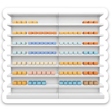 "Minimalist Japanese retail shelf display, products arranged in identical horizontal rows, with multiple units of each item placed directly behind one another, vertically varied by type, clean spacing, precise symmetry, soft neutral lighting, front-facing packages, ultra-detailed." sticker