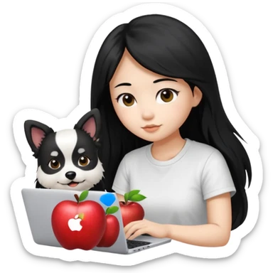 Asian girl long black hair, wearing a white t-shirt, working on an Apple laptop, next to her is a small black and white female dog sticker