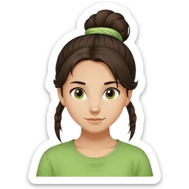 a girl with long dark brown hair with one high disheveled bun in light green t-shirt, a slight smile, dark brown eyes sticker