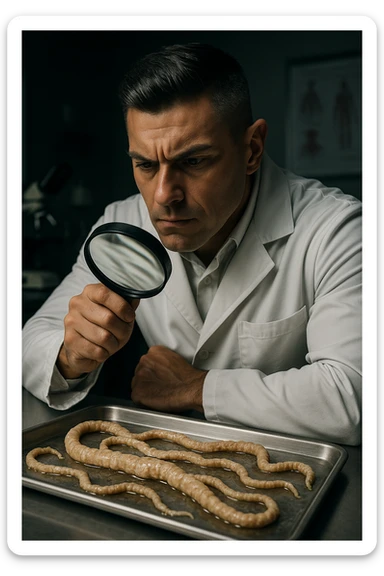 A middle-aged male kinesiologist wearing a pristine white lab coat, intensely analyzing long, beige tapeworms (like Taenia) under a magnifying glass. His expression is focused and slightly concerned, with dramatic studio lighting casting sharp shadows. The parasites are highly detailed, moist, and textured, stretched across a sterile metal tray. The background is blurred but suggests a clinical environment—hints of a microscope, medical charts, and clean lab equipment. The style is hyper-realistic, with a cinematic contrast between the bright white coat and the grotesque, organic forms of the parasites. No sci-fi elements, just raw medical realism with a disturbing edge sticker