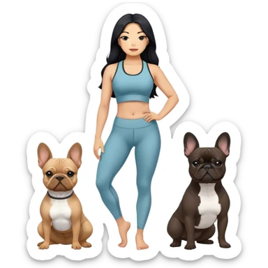 latin woman in a yoga outfit with long black hair standing alongside two French bulldogs emoji
 sticker