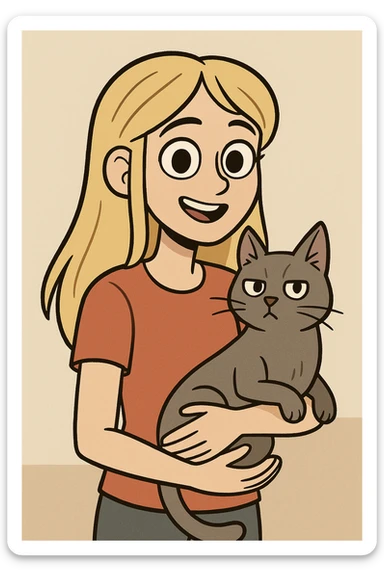 girl with long blond hair, brown eyes, and a grey cat, friendly, modern illustration style sticker