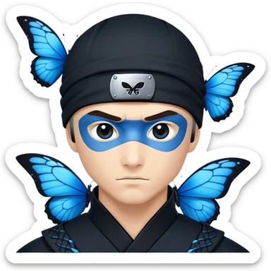 Emoji  con estos dos emojis 🦋 🥷🏻.
Ninja vestido de negro con los ojos de color negro y la piel blanca y con la mariposa azul posada en su hombro izquierdo como si estuviera volando en su hombro. sticker