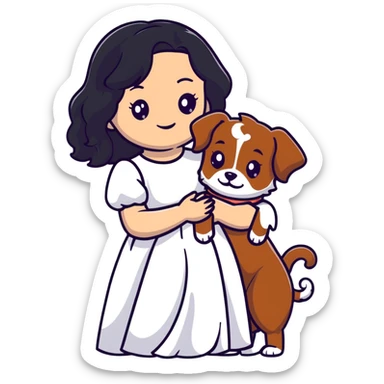 A beautiful girl with long black hair in a white dress holds a small brown curly-haired dog sticker