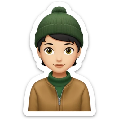 tan skin, non binary adult with pixie cut black hair, wearing brown jacket and dark green beanie, shy smile  sticker