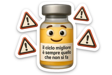 SU QUESTO STILE FAI UN EMOJI STILE IPHONE 3D DI UNa boccetta di fiala medica attorno alla quale fluttuano segnali di pericolo, sull'etichetta della boccetta c'è scritto "il ciclo migliore è sempre quello che non si fa", FALLO MOLTO REALISTICO IN 3D sticker