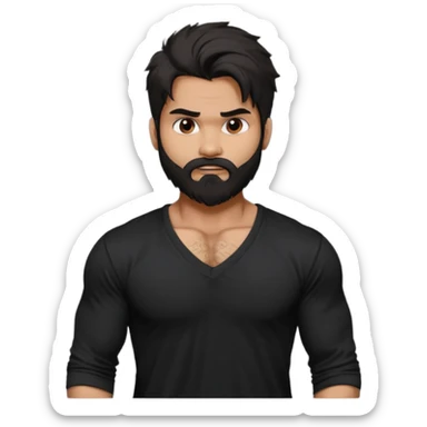 generate a pretty bratz Shahid kapoor with heavy beard and looking angry.
Make him wear a black full sleeve v neck tshirt. muscular but still lean
He shoudl look like shahid kapoor. Long messy black hair sticker