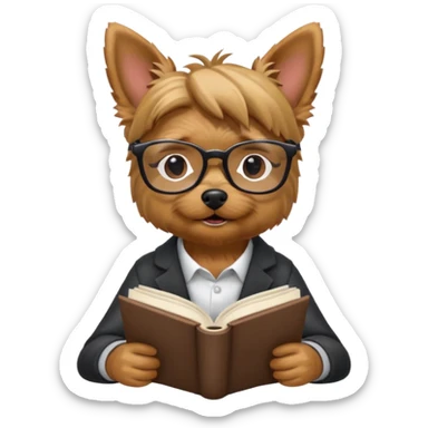 Yorkshire Terrier reading a book, appearing studious and smart, friendly emoji style sticker