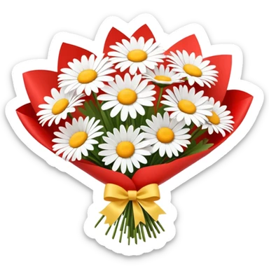 bouquet of daisy with red bow and red wrapping paper sticker