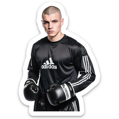 white man with dark hair, dark eyes, buzzcut faded haircut, 100kg boxer, wearing full black clothes, black adidas boxing gloves sticker