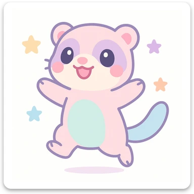 kawaii cartoon baby ferret, jumping with joy, big smile, pastel colors, simple background sticker