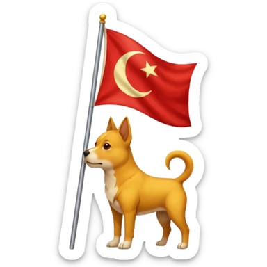 A triangular yellow flag and middle of that flag a red crescent moon within that a Red dog sticker