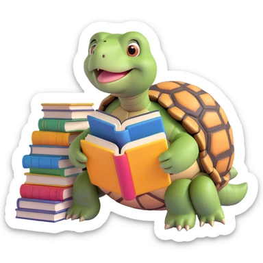 a tortoise with a stack of books beside it, reading one book, appearing wise and gentle sticker