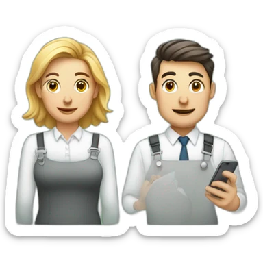 Design emoji: Man and woman in a bank with crossed-out phones, expressing "No Payees Added" for a friendly baking app screen.  sticker