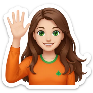 smiling girl with long brown hair, middle hair split, waving, green eyes, orange shirt sticker