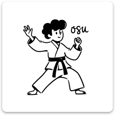 Karate fighter in white uniform, black belt, ready pose, with 'osu' written nearby in hand-drawn notion style sticker