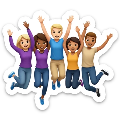diverse group of adult students, some jumping and smiling, happy, classroom background sticker