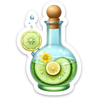 potion bottle with a perfectly round floating bottom, very small cork, very short neck, filled with #00d9ff liquid, inside cucumber slices, lemon slices, ice cubes, edible flower petals, and magical sparkles, soft lighting, transparent glass, clean background, fantasy style sticker