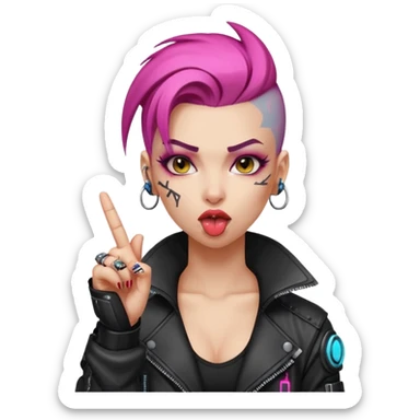 Woman with her tongue out in cyberpunk clothing and giving the middle finger. Looking naughty. sticker