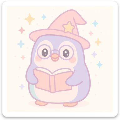 a chubby penguin wizard with glasses, holding an open spellbook, magical aura around sticker
