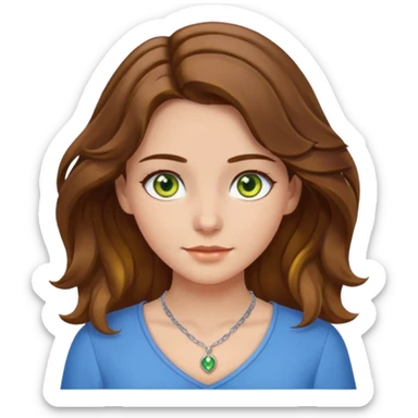 girl with brown, wave, middle hair, green- yellow eyes in white top with blue blouse and selver necklace sticker