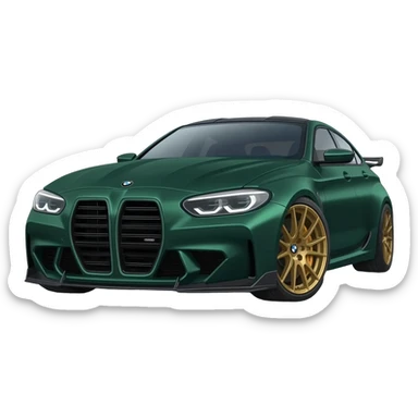 apple ios emoji style, matte dark green BMW M5 CS sports sedan, front three-quarter view, gold wheels, aggressive front bumper, soft 3D emoji rendering, glossy highlights, smooth gradients, simplified details, centered icon, white background, apple emoji design language, ultra clean, high resolution sticker