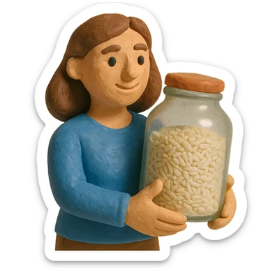 designer woman with brown hair holding a big glass jar of rice in claymation style sticker