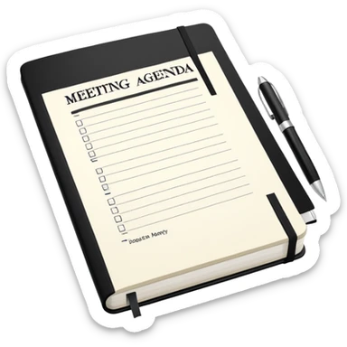 An open black Moleskine notebook with meeting agenda written at the top and clearly visible bullet points below sticker