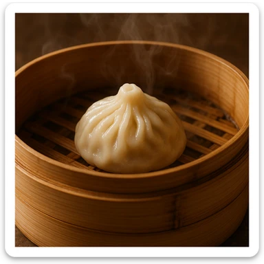 a realistic dumpling being cooked in a bamboo steamer, detailed, photorealistic sticker