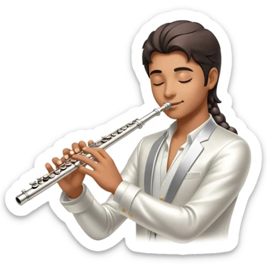 Cinematic Realistic Flute, polished silver metal with precise keywork, soft reflections of warm light dancing along its length, a musician’s delicate fingers pressing the keys, glowing with a sleek and elegant charm. sticker