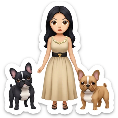 latin woman in a dress with long black hair standing alongside two French bulldogs  sticker