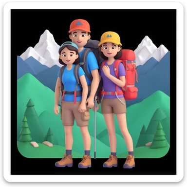 back packer couple posing, mountains in background,   close up pose sticker