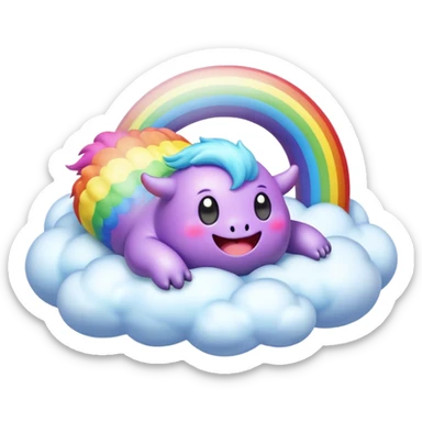 3D, Kawaii derpy fat rainbow monster laying on a magic rainbow cloud, rich textures, visually detailed, so lifelike that it feels like it could leap off the page at any moment sticker