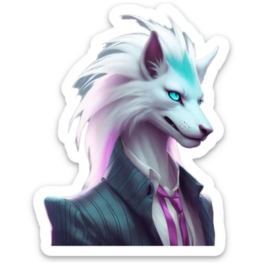 White badass elegant wild beautiful natural cute badass epic anthro modern albino sergal-vernid-creature with cyan mane and magenta eyes with cyan edgy stripes, full body, blue pretty hair, outside, modern, aesthetic, art by LiLaiRa, art by art by Falvie sticker