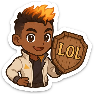 Phoenix from Valorant in chibi style with large eyes and small figure, typical fiery hair color, confident pose, holding a comic-style wooden shield that looks slightly rustic and handmade, with the text 'LOL' on the shield in bold, clear, slightly ornate font, clear lines, friendly and energetic expression, emoji-compatible 128x128 px sticker