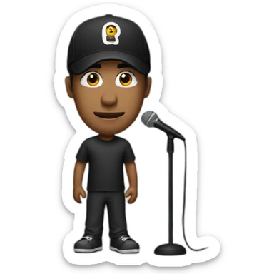 Stand Up actor width with microphone in a black cap sticker