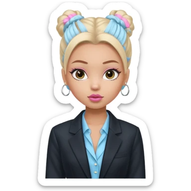 generate a pretty bratz girl wearing a light blue full sleeve shirt, silver small hoops, pink lipgloss, black blazer, hair tied up sticker