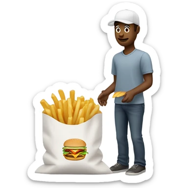 Man putting fries into a fast food bag sticker