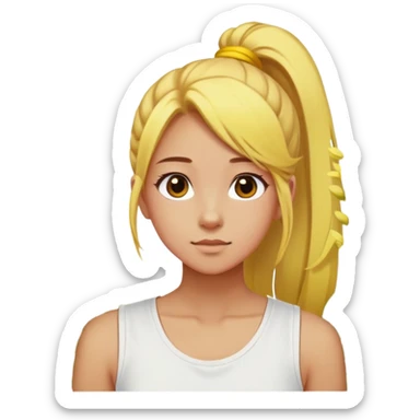 A girl with a high ponytail, a yellow hair tie, and a sleeveless white top, surrounded by blooming forsythias. sticker