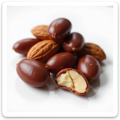 realistic candied almonds, some whole and some split open to show the almond inside, glossy dark red candy coating, no background sticker