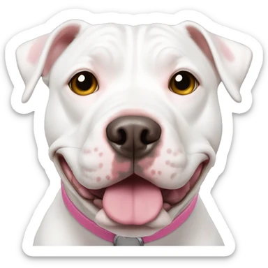 White pittie with tan spot on eye and pink nose sticker