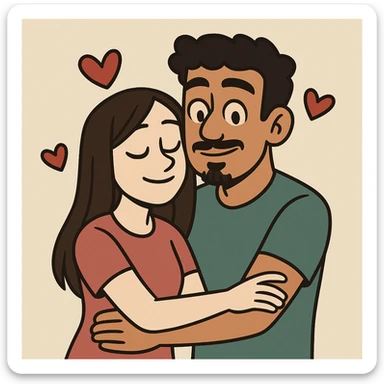 cartoon couple, girl pale with long straight dark brown hair no facial hair, boy tan with short black curly hair, small goatee and separate mustache, red hearts floating around sticker