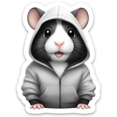 Black and white hamster with a hoodie sticker