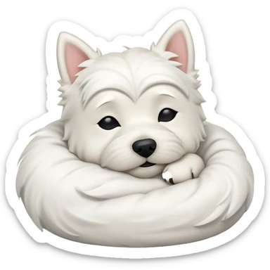Meme-Worthy Cute Sleeping West Highland White Terrier Portrait Emoji, Head resting peacefully with a contented smile, showcasing a delightfully compact build and a luxuriously soft white coat, eyes shut in a serene nap, Simplified yet hilariously adorable features, highly detailed, glowing with a soft, drowsy light, high shine, relaxed and utterly lovable, stylized with an air of playful laziness, bright and heartwarming, soft glowing outline, capturing the essence of a comically sleepy companion, so meme-worthy it feels like it could instantly become the next viral sensation of adorable slumber! sticker