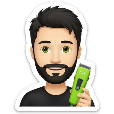 smiling young fair-skinned man with messy black hair and beard, wearing a black t-shirt, holding one small true-to-size bright lime green face beard trimmer, iOS emoji style sticker