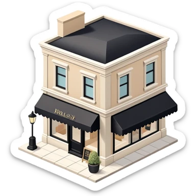 Isometric exterior little black, beige, and white clothing boutique, dollhouse style 3D realistic  sticker